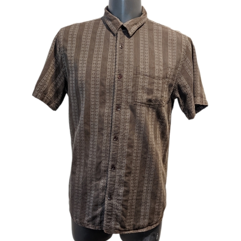 Prana Brown Bertical Stripe Button Front Shirt Large Short Sleeves